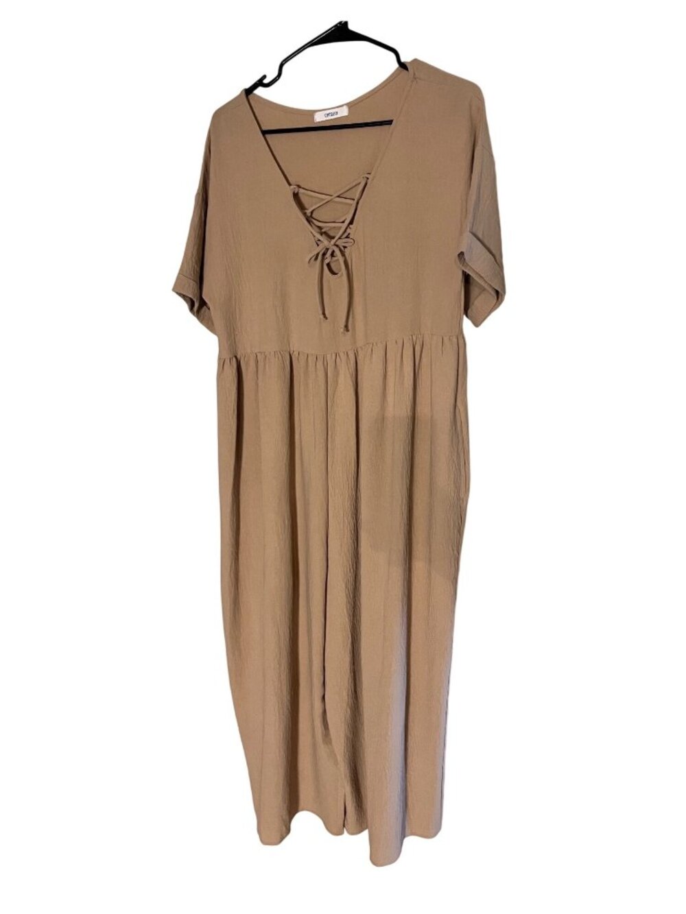 Cherish Womens Lace-Up Front Wide Leg Jumpsuit Short Sleeve Beige L lightweight
